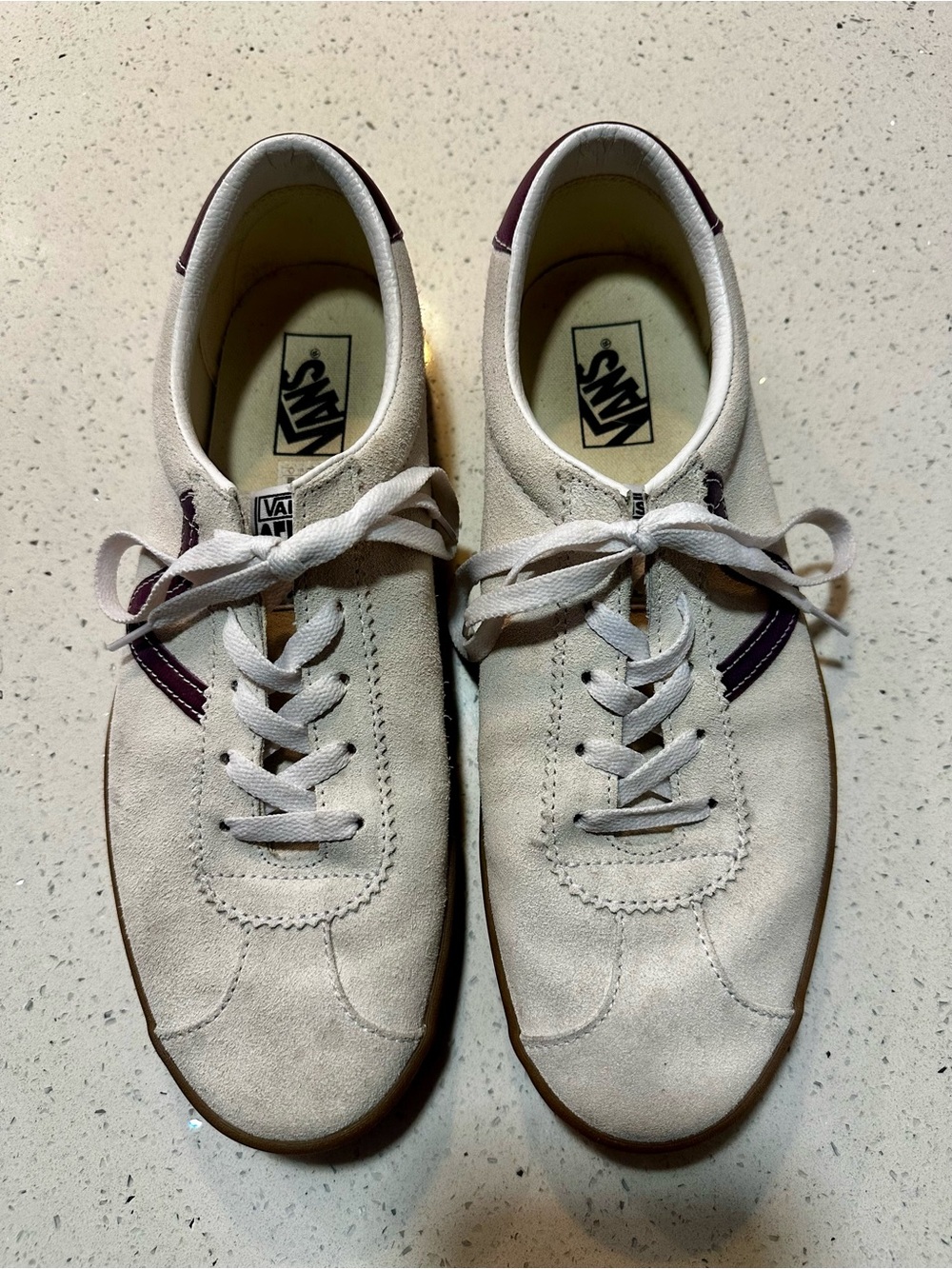 Vans Men’s White Suede Low-Top Sneakers with Maroon Accent